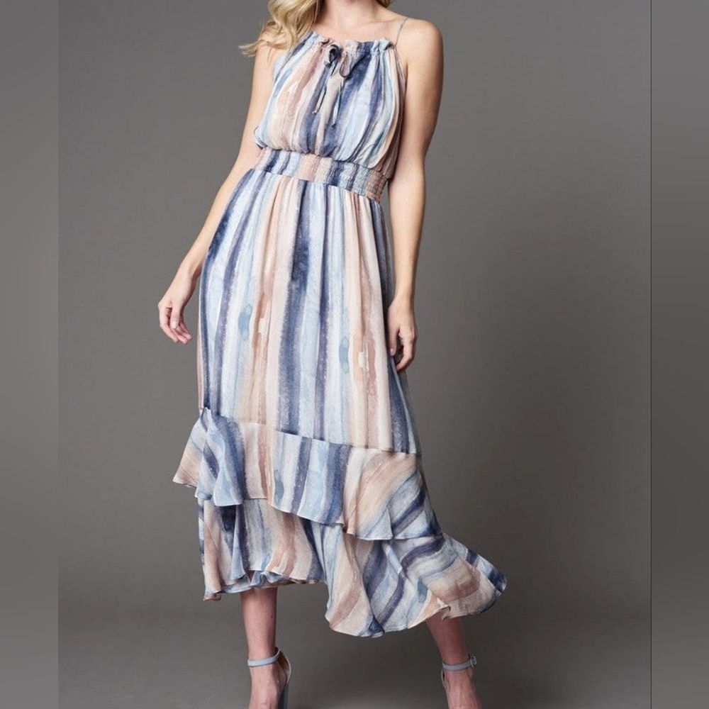 Lola & Sophie Smocked Waist Sleeveless Watercolor Striped Prarie Maxi Dress XL